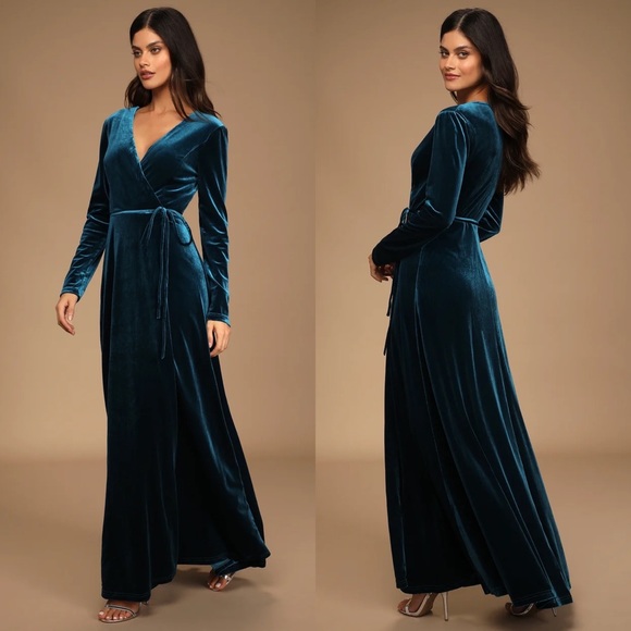 🆕 Teal Blue Longsleeve Velvet Wrap Maxi Dress 🌿 - Picture 5 of 12